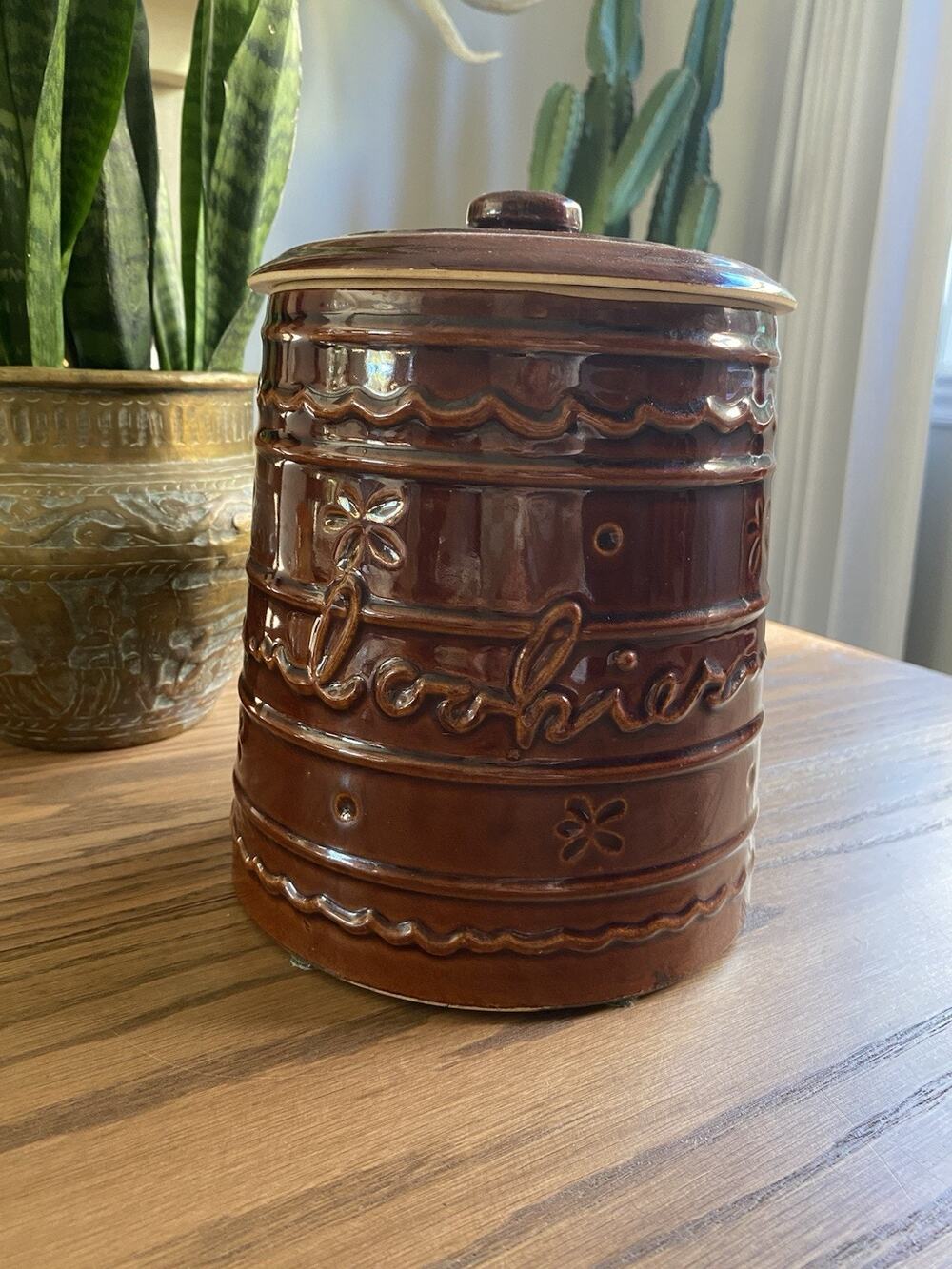 Vintage Marcrest Daisy Dot Brown Stoneware Cookie Jar With Lid Large Lidded Jar